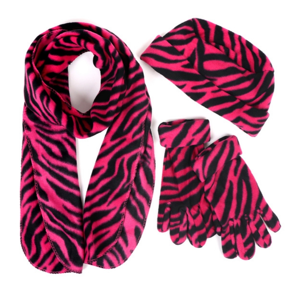 Pink Zebra Print Scarf, Hat, and Gloves Set